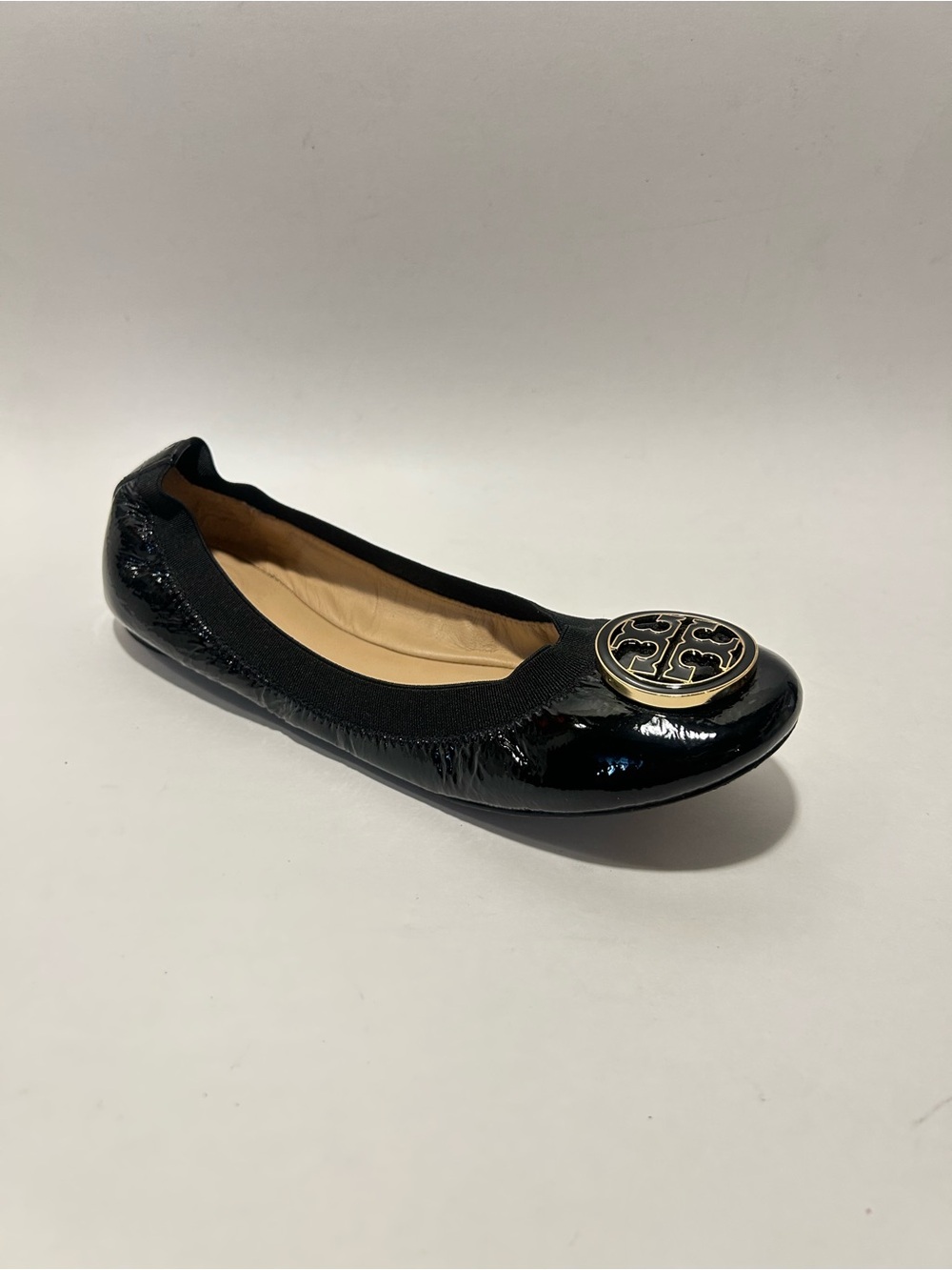 Tory Burch Black Patent Logo Ballet Flat with Gold Emblem